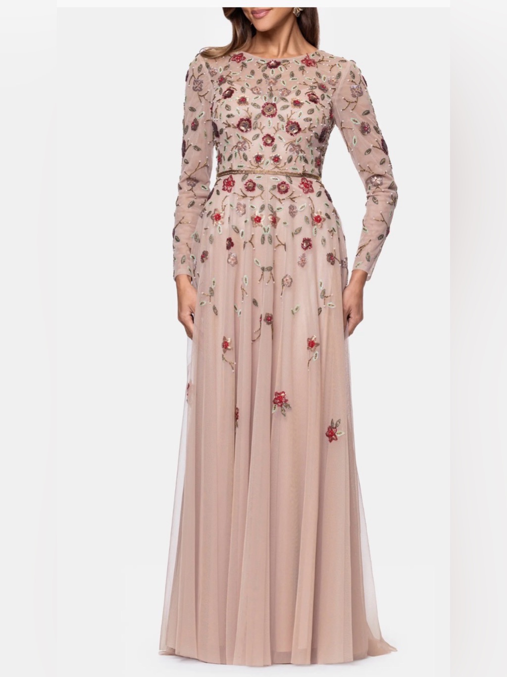 Xscape Evening Beaded Floral Long Sleeves Taupe/Multi Gown Size:8